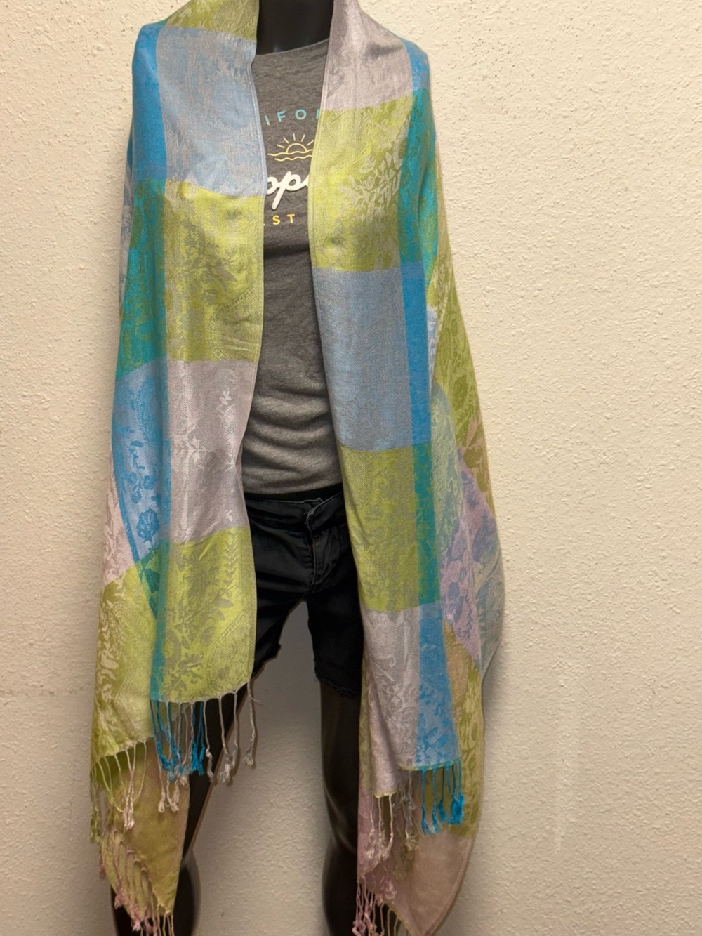 Lightweight Plaid Fringe Shawl Scarf in Blue, Green, 55%pashmina, 45%Silk